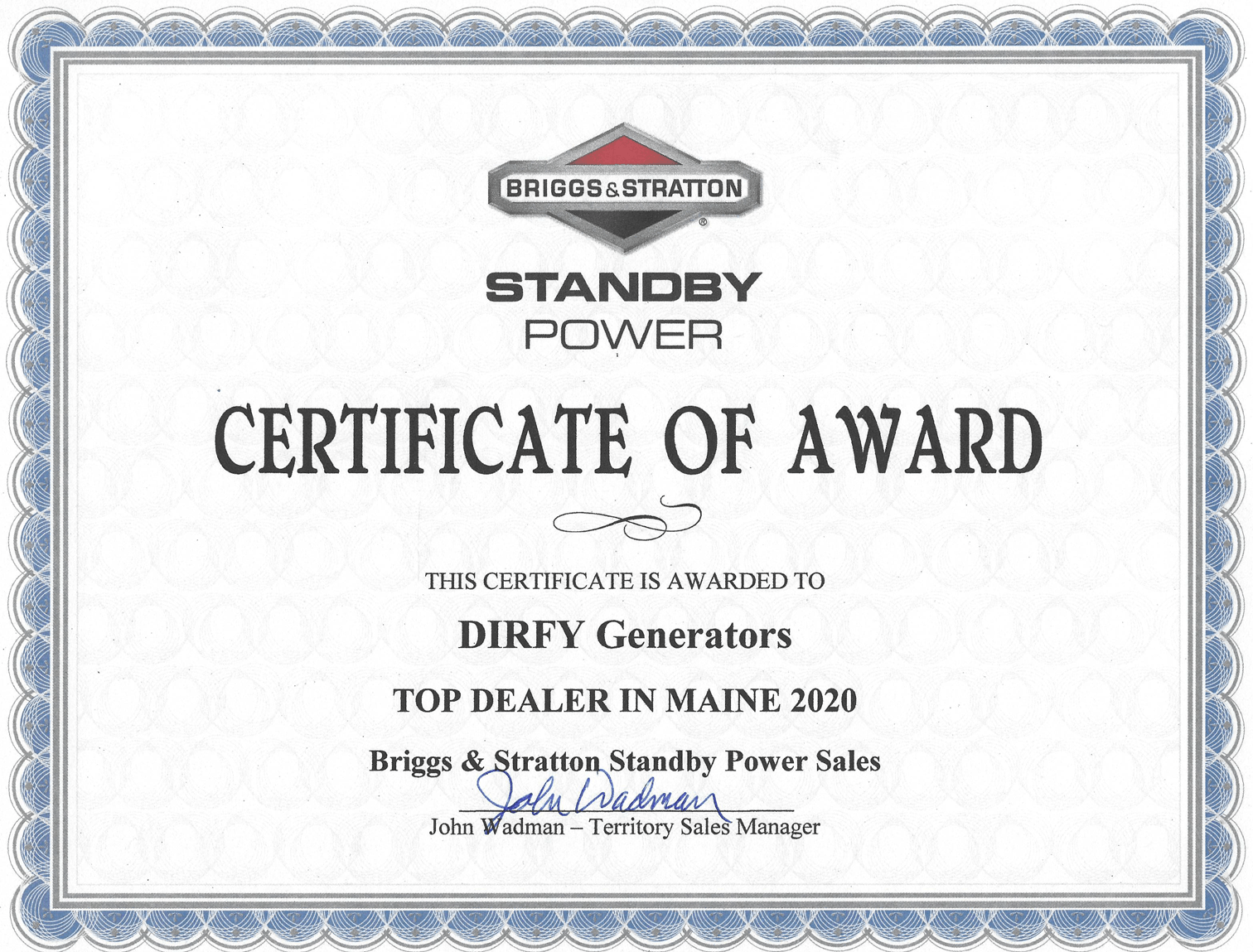 Certificate of Award — Limington, ME — DIRFY Generators