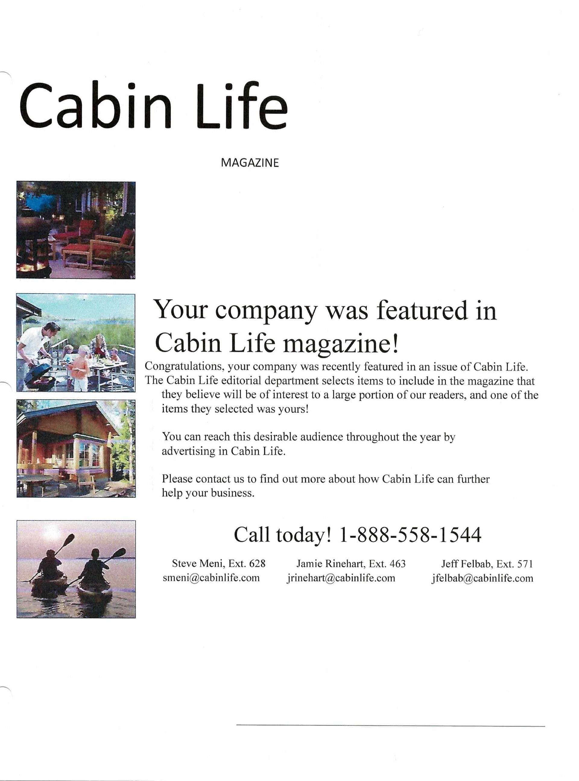Advertisement: Cabin Life magazine features company; call to order.