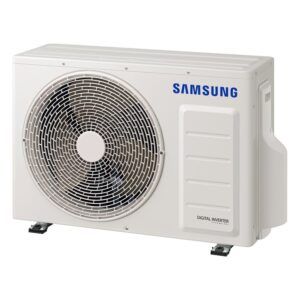 Samsung air conditioner unit, white exterior, outdoor setting. Samsung air conditioner unit, white exterior, outdoor setting.
