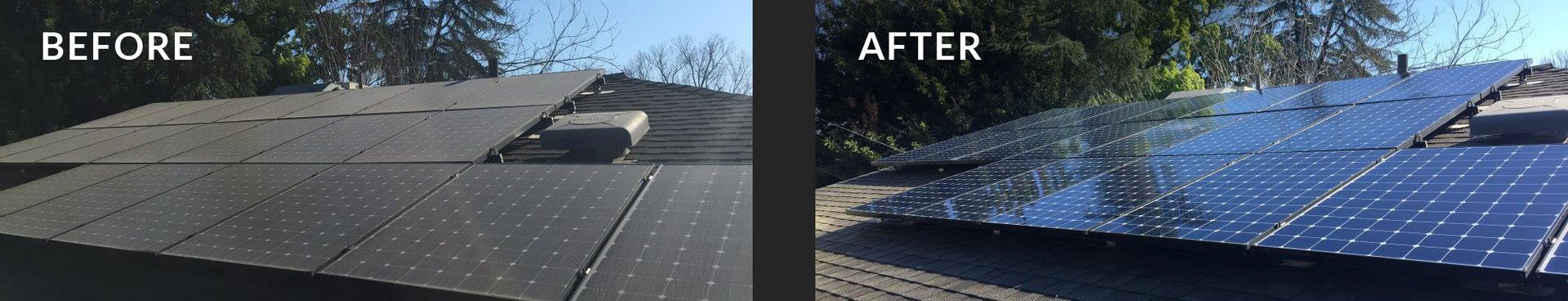 A before and after picture of a roof with solar panels on it.