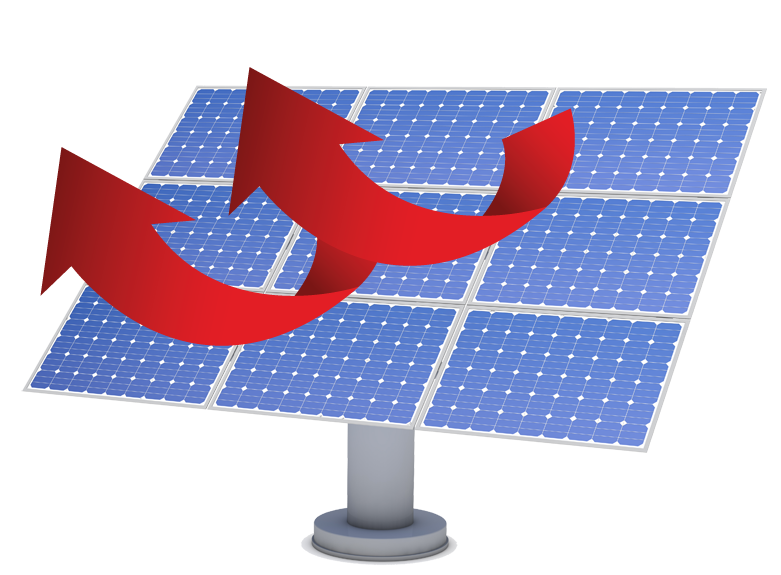 A solar panel with two red arrows pointing to it