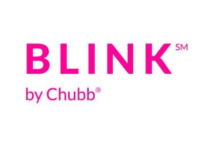 A pink and white logo for blink by chubb on a white background.