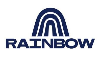 A blue logo with a rainbow and the word rainbow on a white background.
