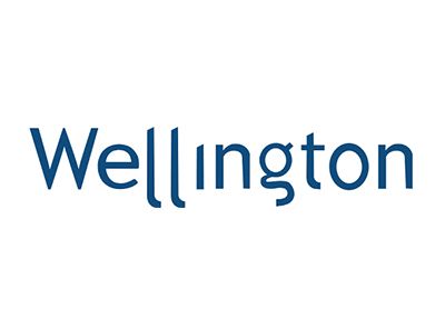 The logo for wellington is blue and white on a white background.