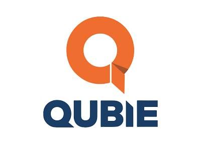A blue and orange logo for a company called qubie.