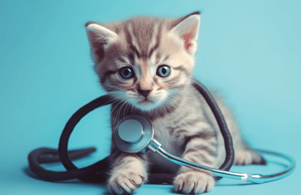 A kitten is sitting next to a stethoscope on a blue background.