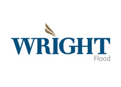 Logo of Wright Flood insurance company, with navy text and a brown stylized bird.