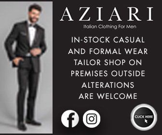 Advertisement for Aziari Italian clothing for men. Man in a suit. Offers casual/formal wear, tailor shop on premises, and alterations.