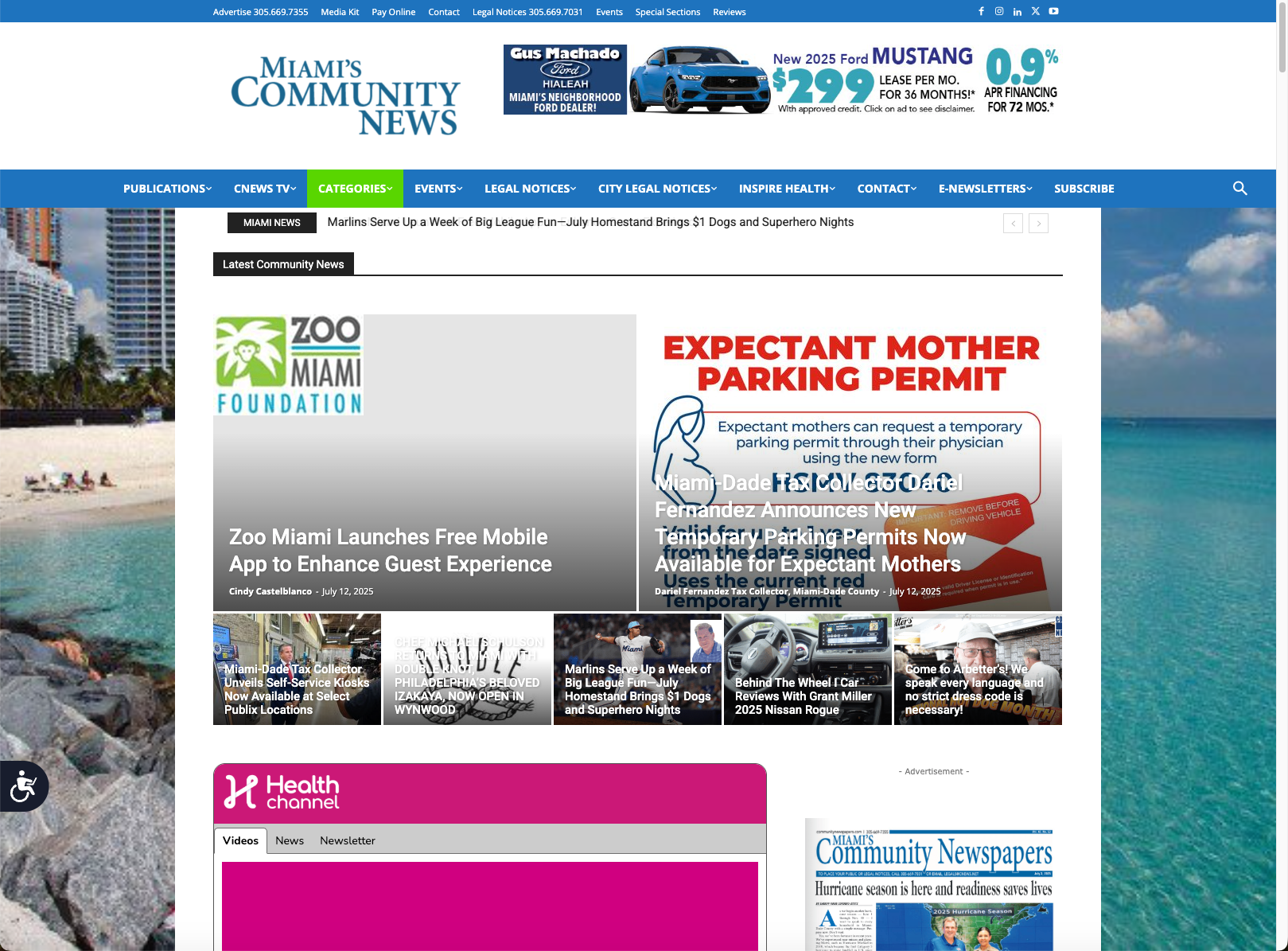 Miami Community Views A miami community news website shows a picture of the ocean