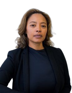 Woman in a black blazer and top, looking directly at the viewer, against a white background.