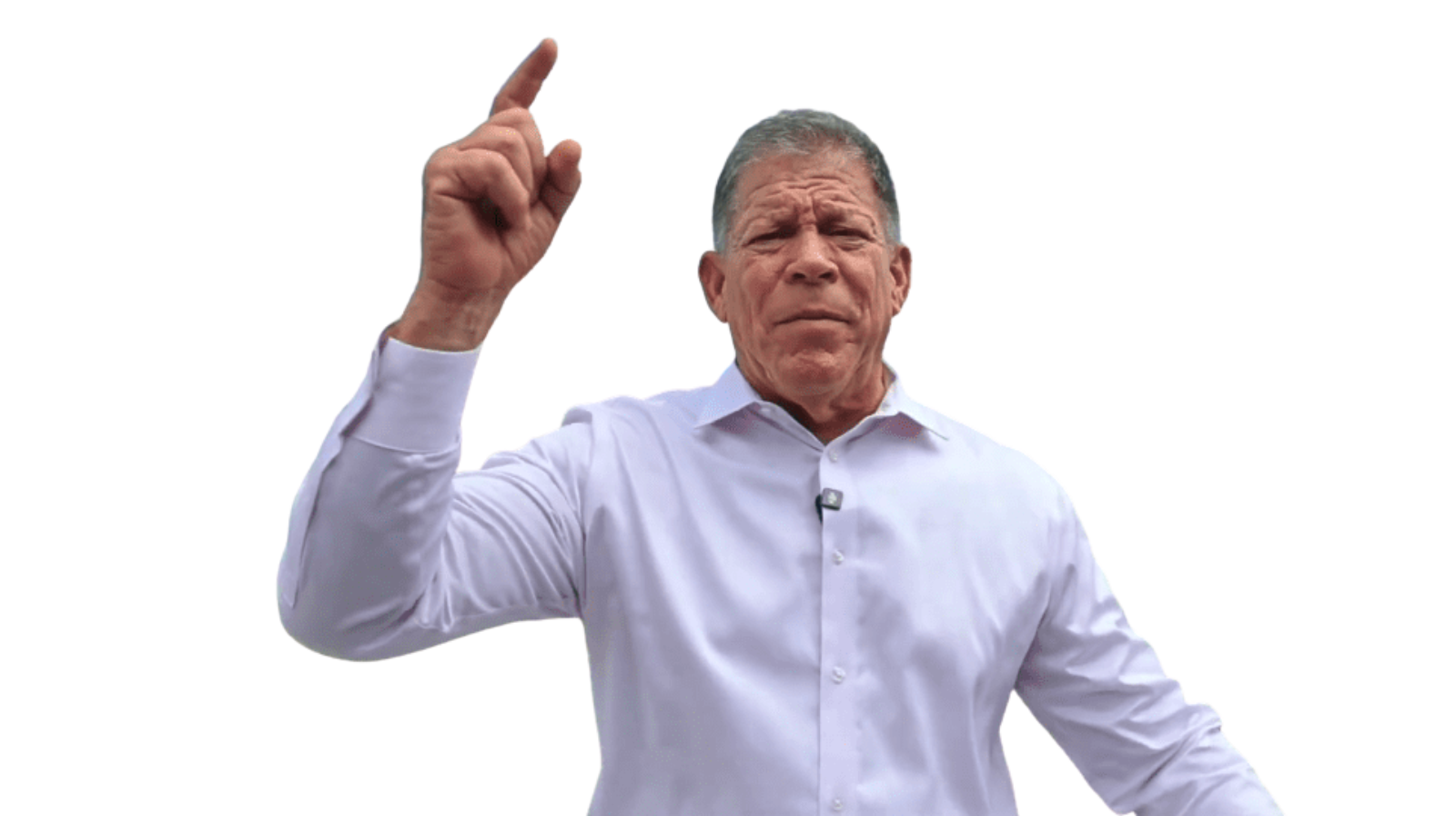 CNEWS TV Man in white shirt pointing upwards.