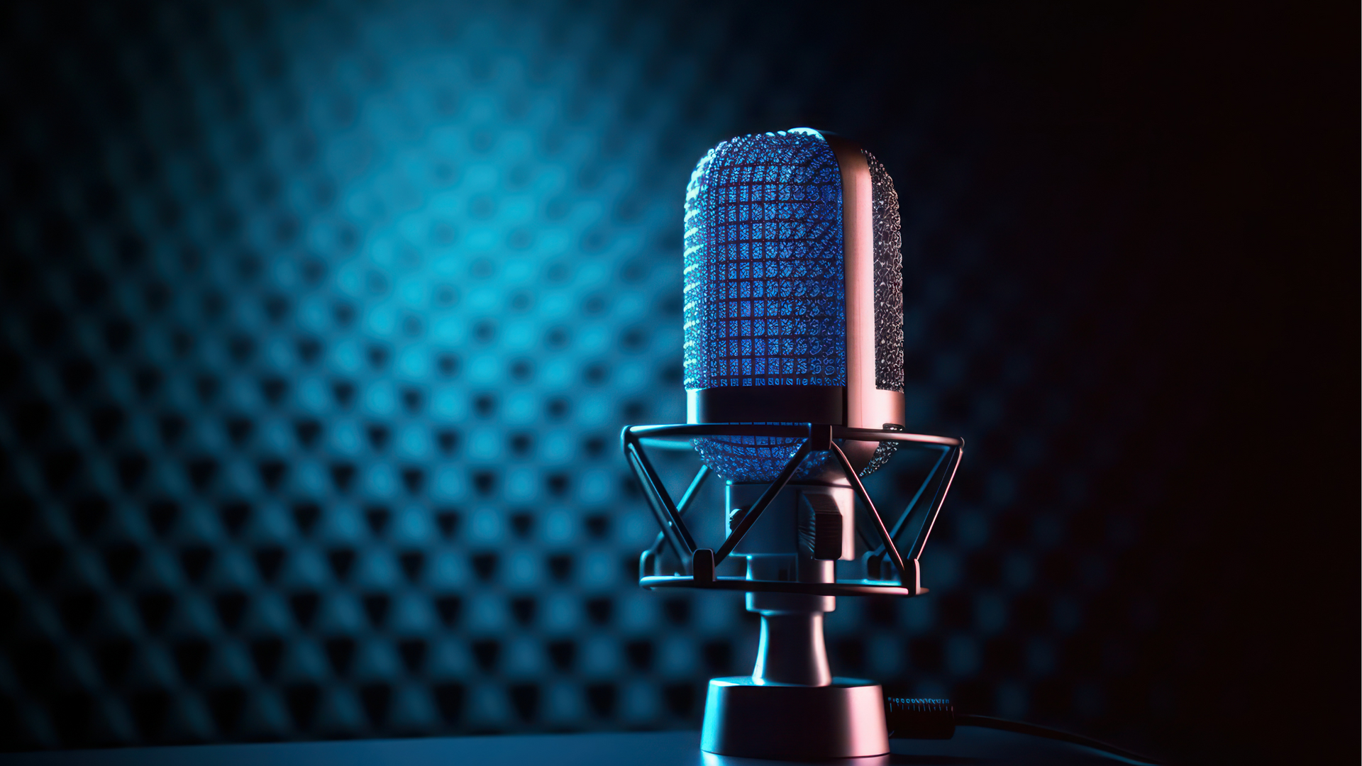 Miami Community Views A microphone is sitting on a table in front of a blue wall.