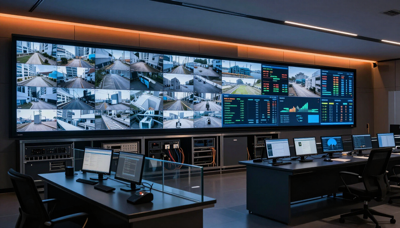 Sala de control de seguridad con múltiples monitores de vigilancia y estaciones de trabajo con vista a una gran pantalla de video.