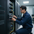 Técnico ajustando cables en un rack de servidores dentro de un centro de datos.