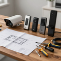 Cámaras de seguridad y dispositivos de acceso sobre un escritorio con planos, herramientas y cables.