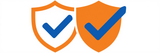 Dos iconos de escudo superpuestos con marcas de verificación azules, uno con contorno naranja y otro relleno de naranja.