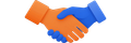 Manos azules y naranjas dándose la mano, simbolizando acuerdo o asociación.