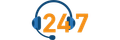 Auriculares azules con texto naranja “24/7” sobre fondo blanco.