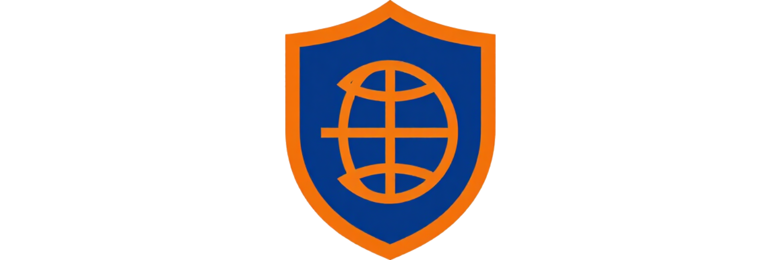Logotipo de escudo azul con borde naranja e icono de globo terráqueo