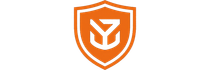 Logotipo de escudo naranja con un emblema blanco estilizado en el centro.