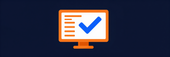 Monitor de ordenador naranja con lista de verificación y marca de verificación azul sobre fondo azul oscuro