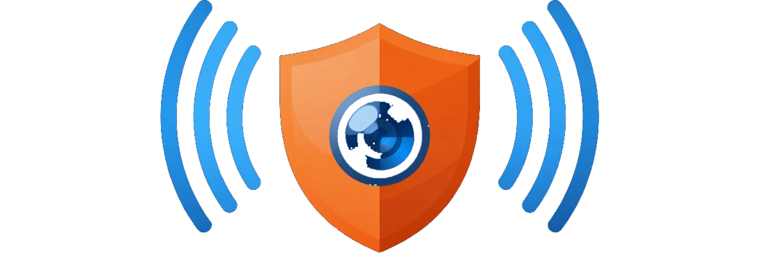 Escudo naranja con icono de globo terráqueo y ondas de señal inalámbrica azules en ambos lados.