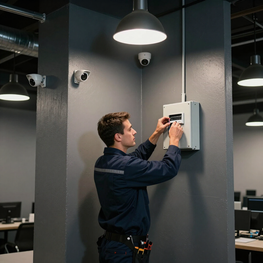 Técnico ajustando un panel de control montado en la pared en una oficina moderna con lámparas colgantes.