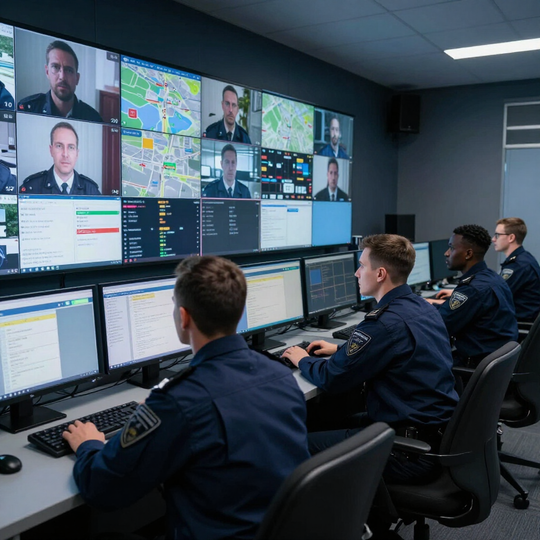Centro de operaciones de emergencia con personal que supervisa múltiples pantallas y mapas en una sala de control.