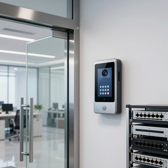 Teclado de control de acceso montado en la pared junto a una puerta de oficina de cristal y un rack de equipos de red.