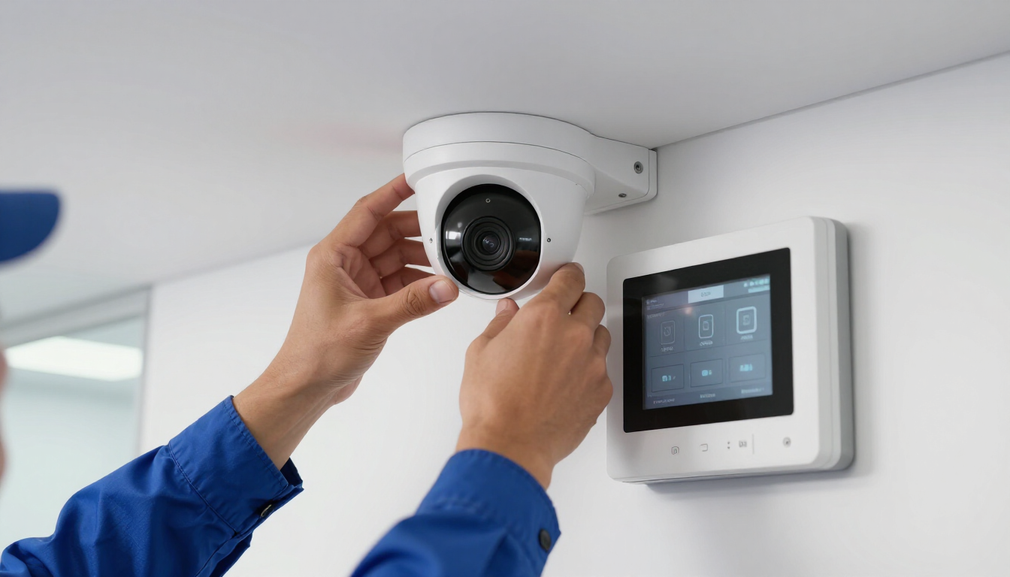 Técnico instalando una cámara de seguridad blanca junto a una pantalla de control montada en la pared.