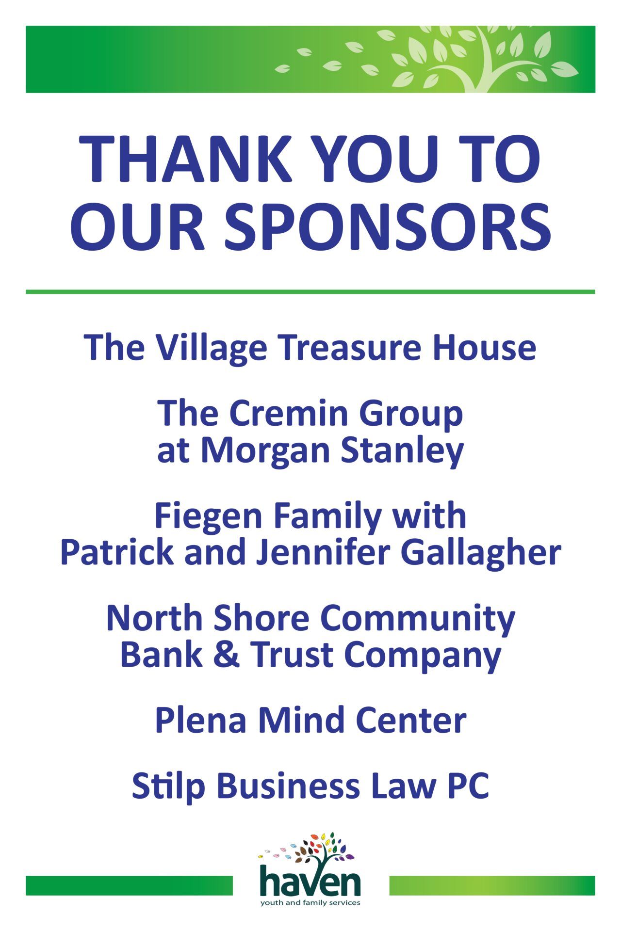 Sign thanking sponsors, lists of sponsors including businesses and families, with 