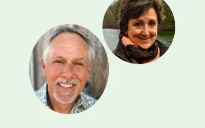 Two people in circles; man smiles, woman on right has scarf. Light green background.