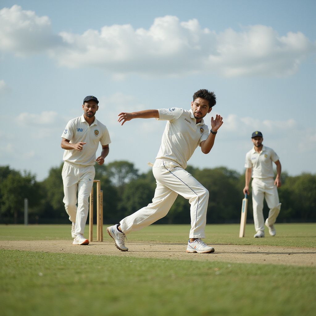 Cricketer bowling on a green field. Two fielders watch, sunny day, wearing white uniforms.