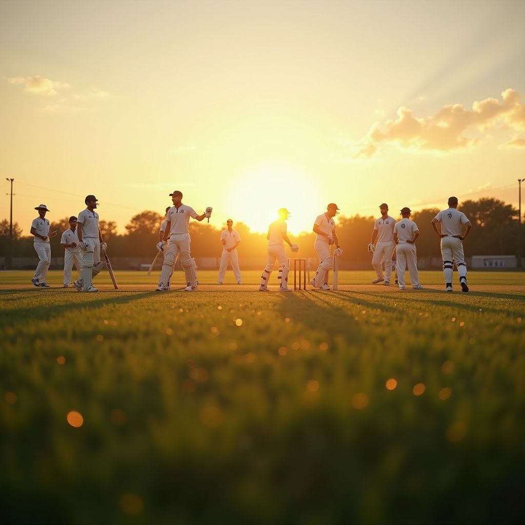 Cricket players on a green field during sunset; shadows cast, golden light.
