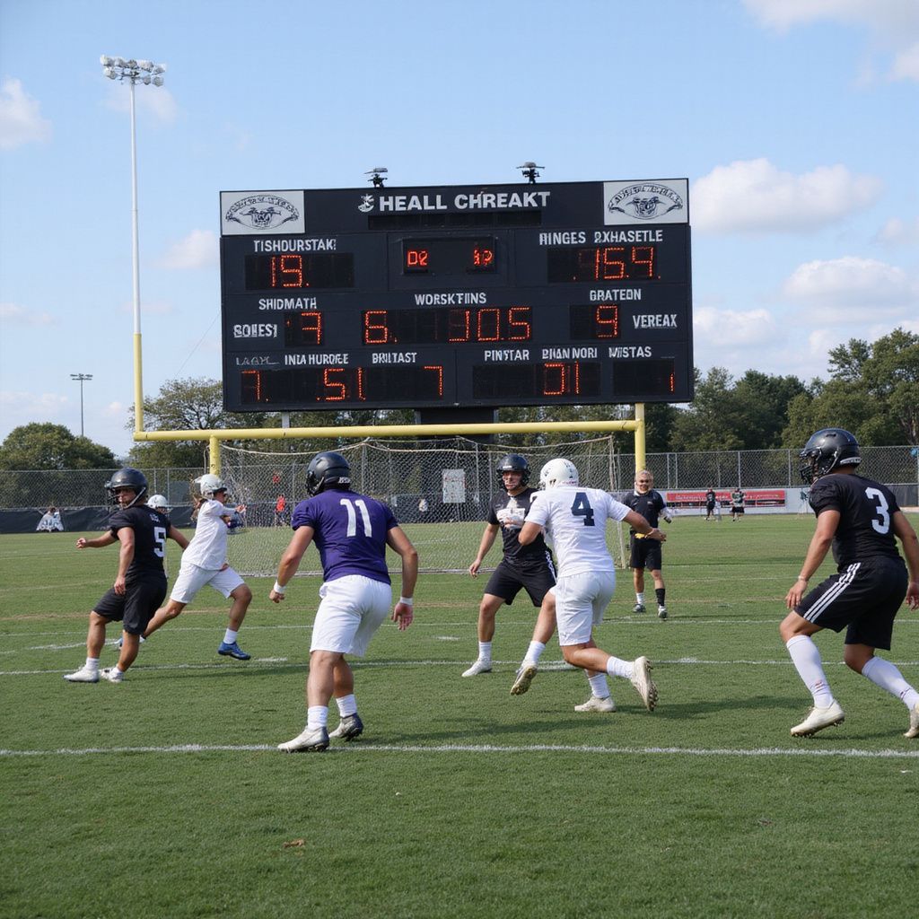 Football game in progress; players on field, scoreboard in background. Sunny day.