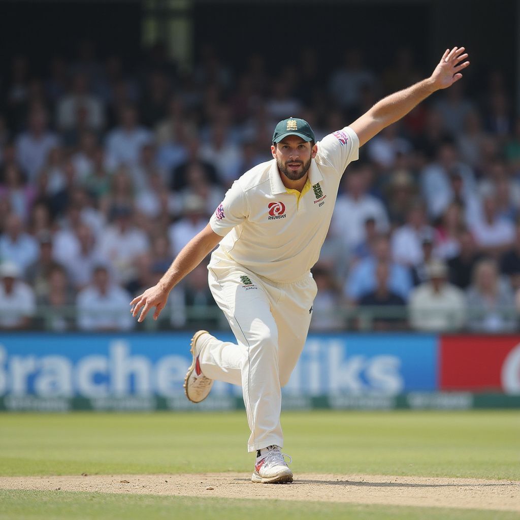Australian cricket bowler in action, wearing a cream uniform, bowling on a green field.