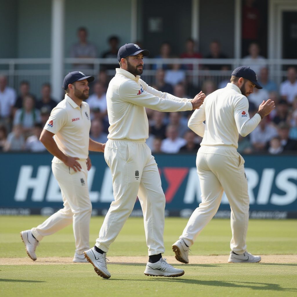 Three cricket players in white uniforms walking on a field, one gesturing with his arm.