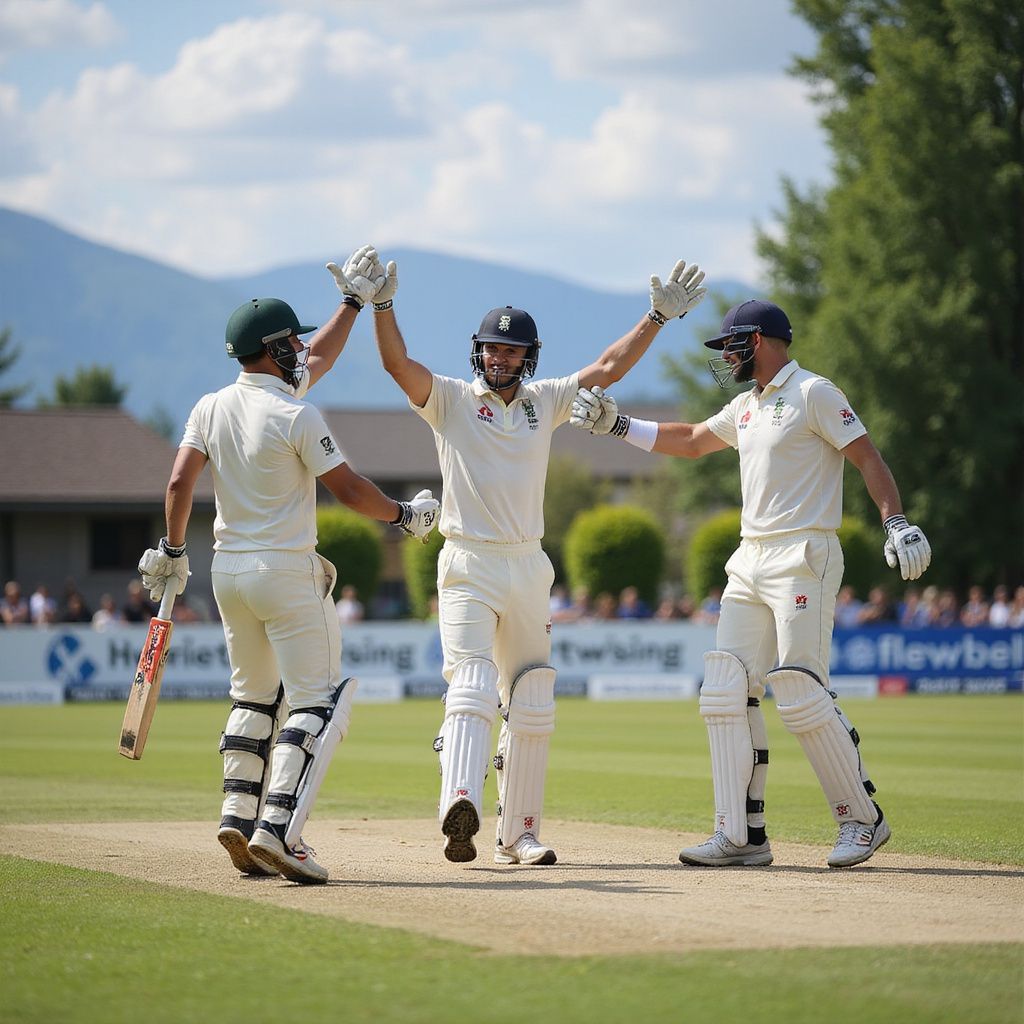 Cricket players celebrating on a green field with mountains in the background.