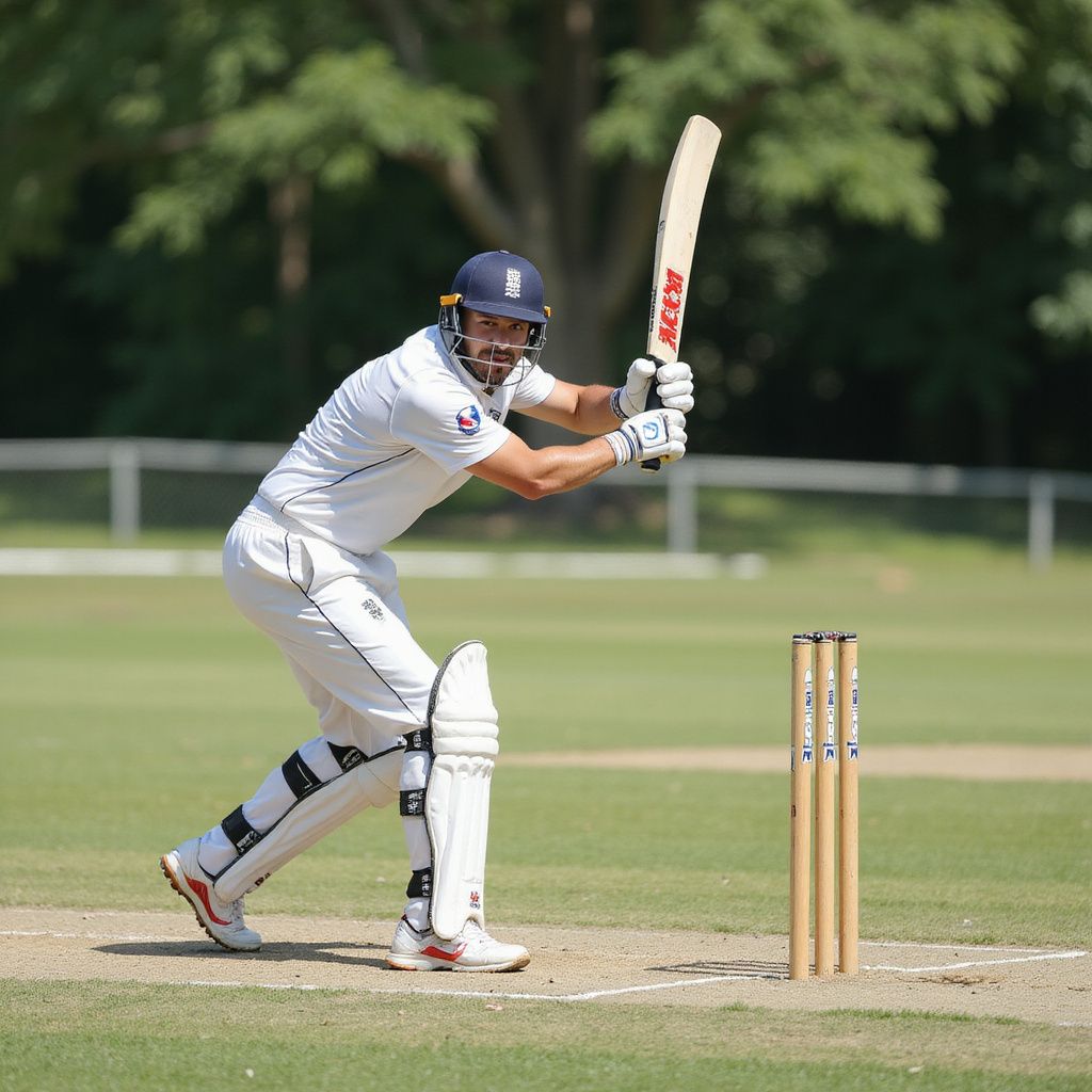 Cricketer in white uniform batting, holding a bat, ready to hit. Sunny day, green field.