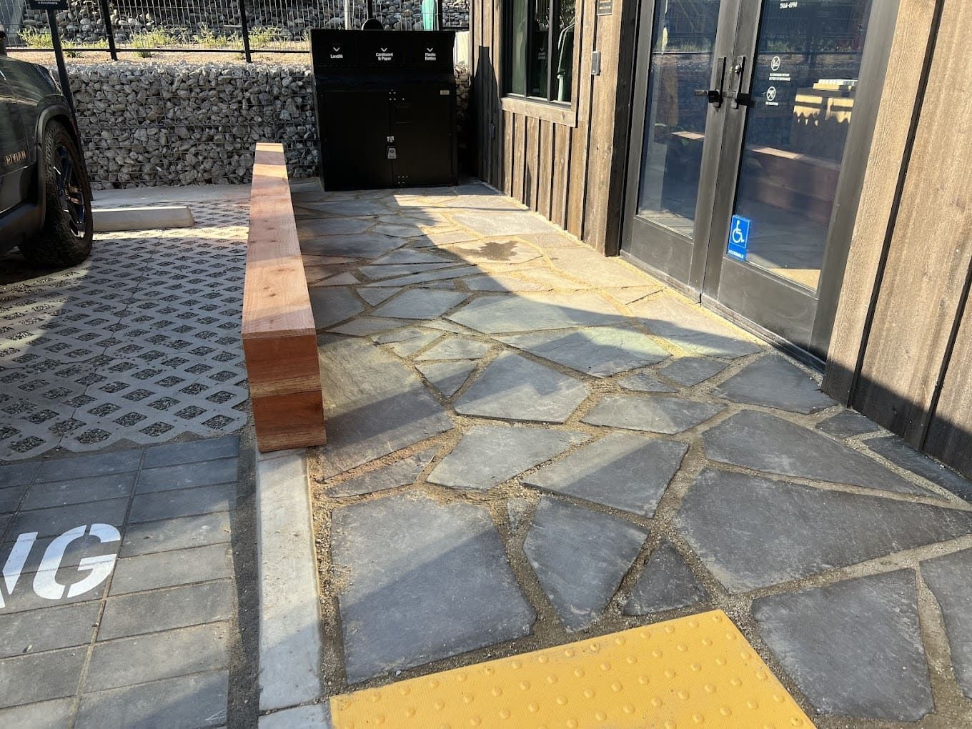 Installation of pavers and natural stone patio in commercial outdoor space in Stockton CA