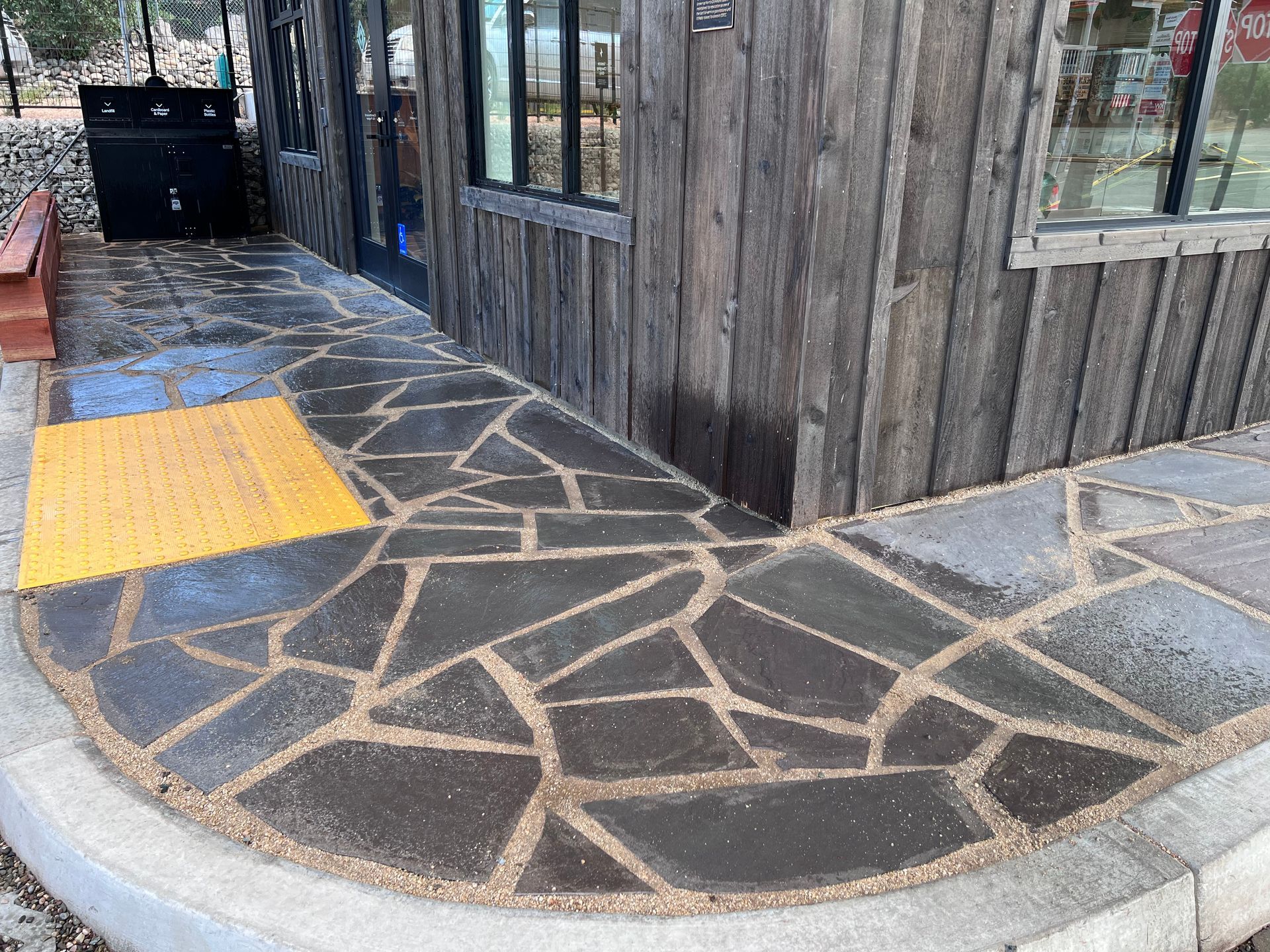 Stamped concrete at a Stockton commercial storefront.