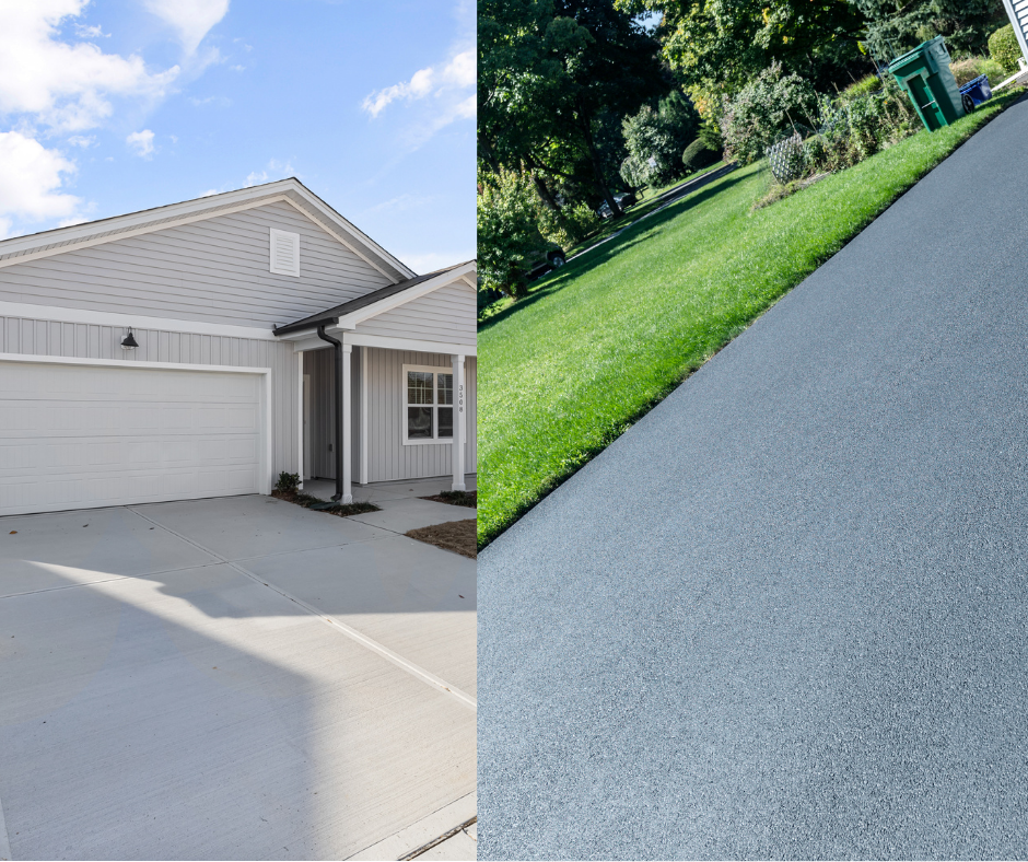 Side-by-side asphalt and concrete driveways showing differences in appearance and finish