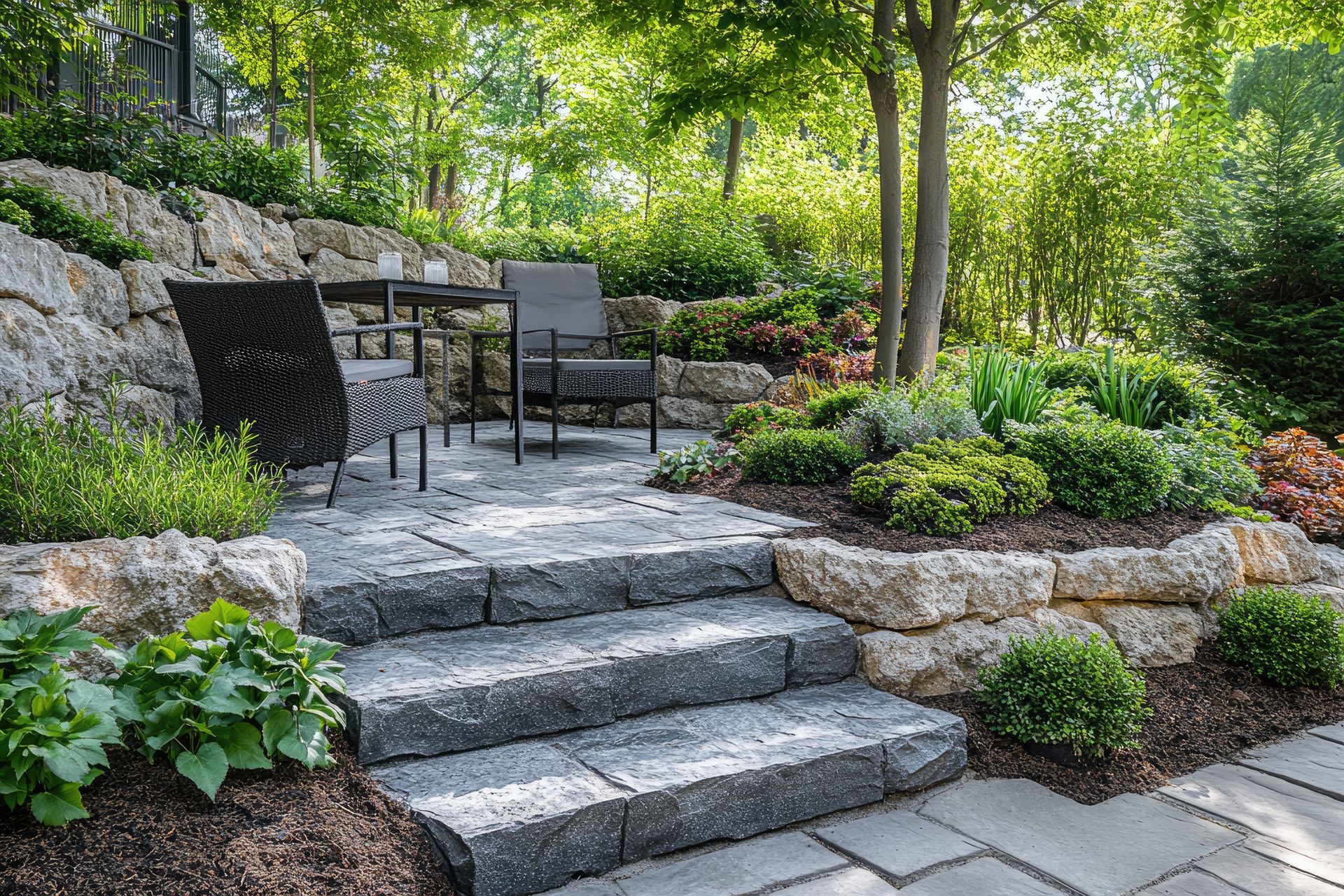 Stone steps lead to a patio with chairs and table, surrounded by a tiered garden with trees.
