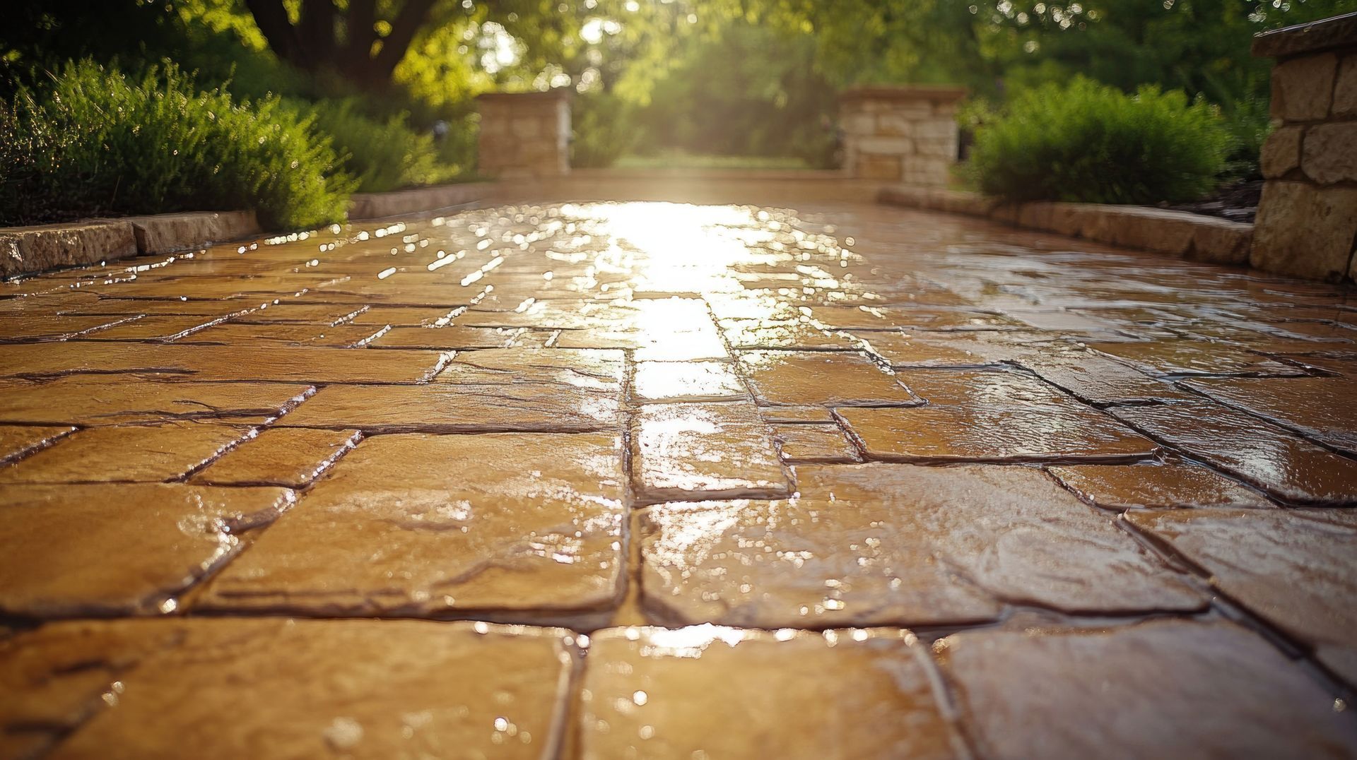 Wet, brown brick pathway leading to a sunlit garden, flanked by stone walls and green bushes.