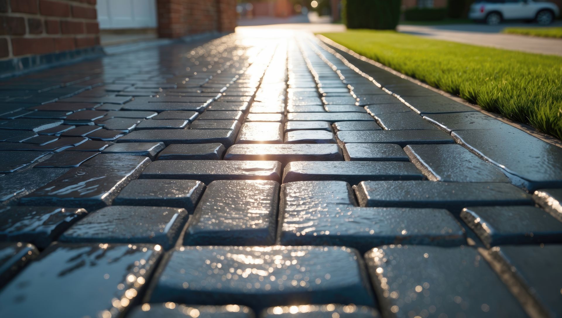 Wet, dark gray brick pavers reflecting sunlight in a driveway; green lawn and brick house visible.