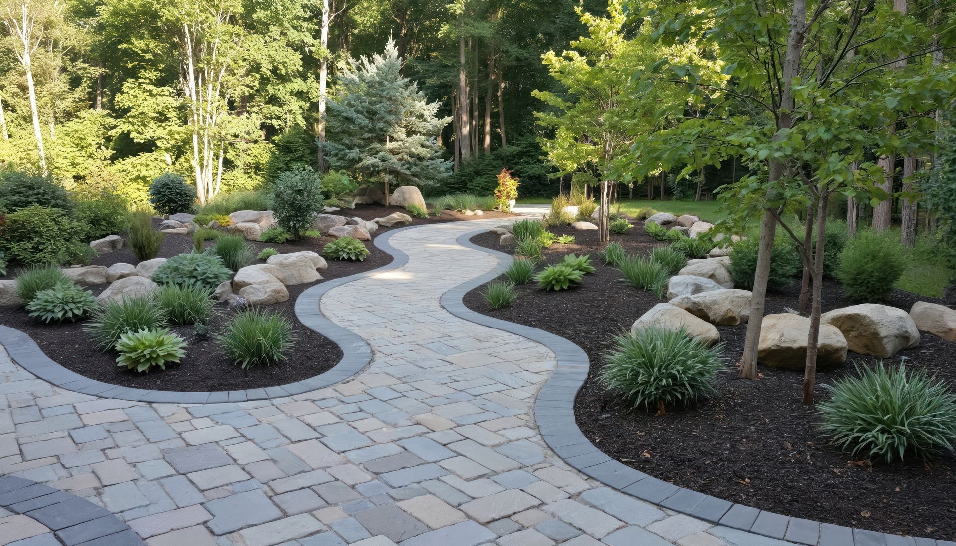 Stone path winds through a landscaped garden with shrubs, trees, and large rocks.