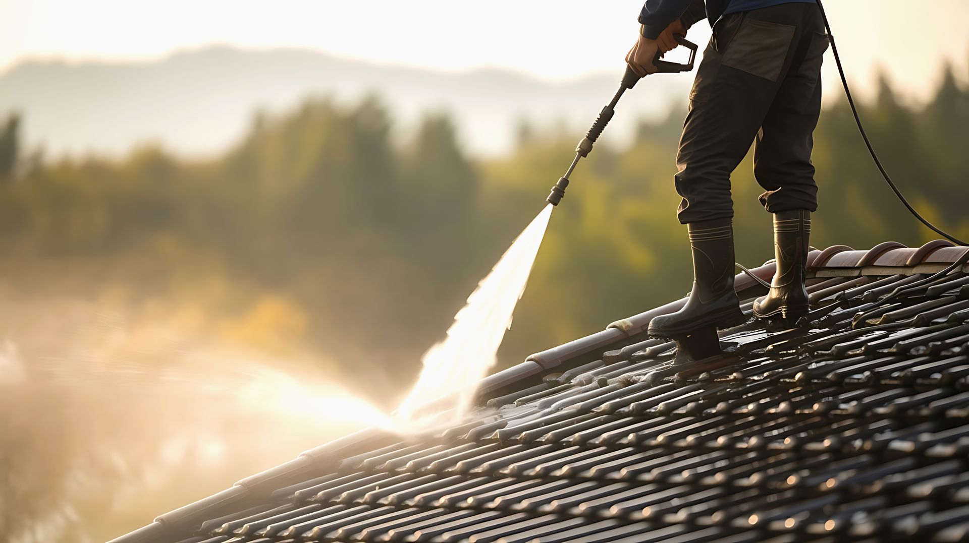 Person power washing a tiled roof.
