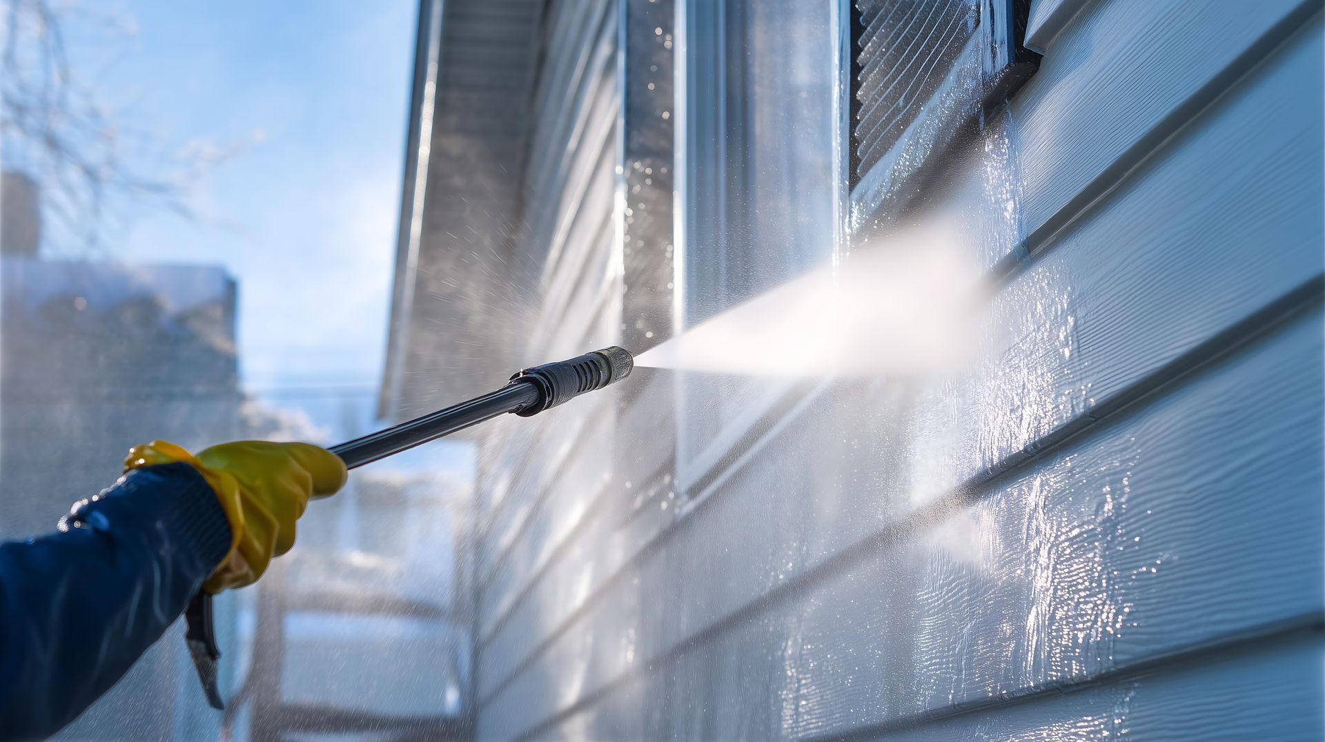 Person in yellow gloves pressure washing a white house siding near a window.