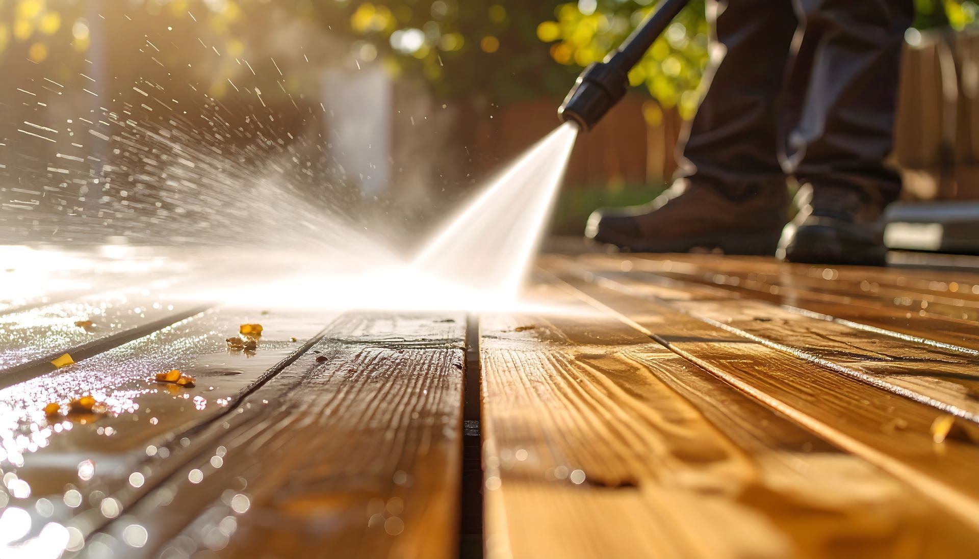 Person power washing a wooden deck, water spraying outward.