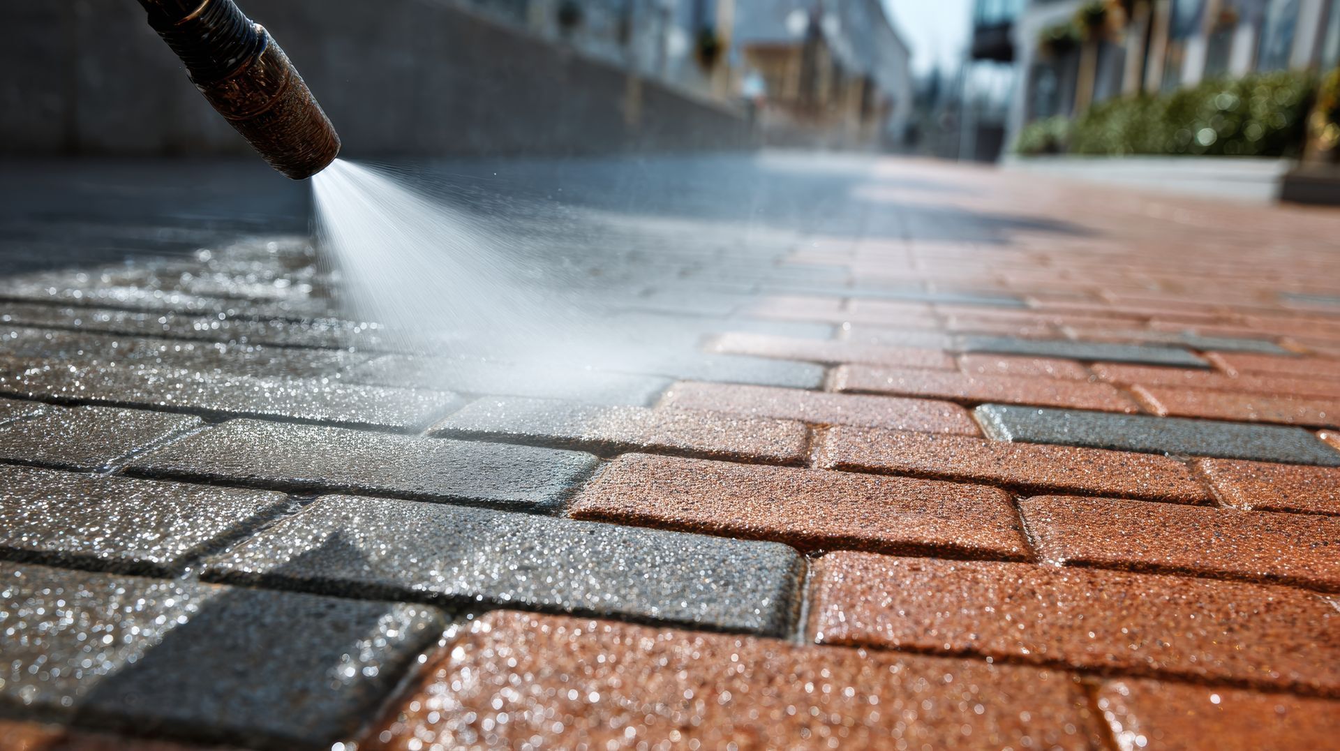 Pressure washer cleaning red and gray brick pavers outdoors, spraying water.